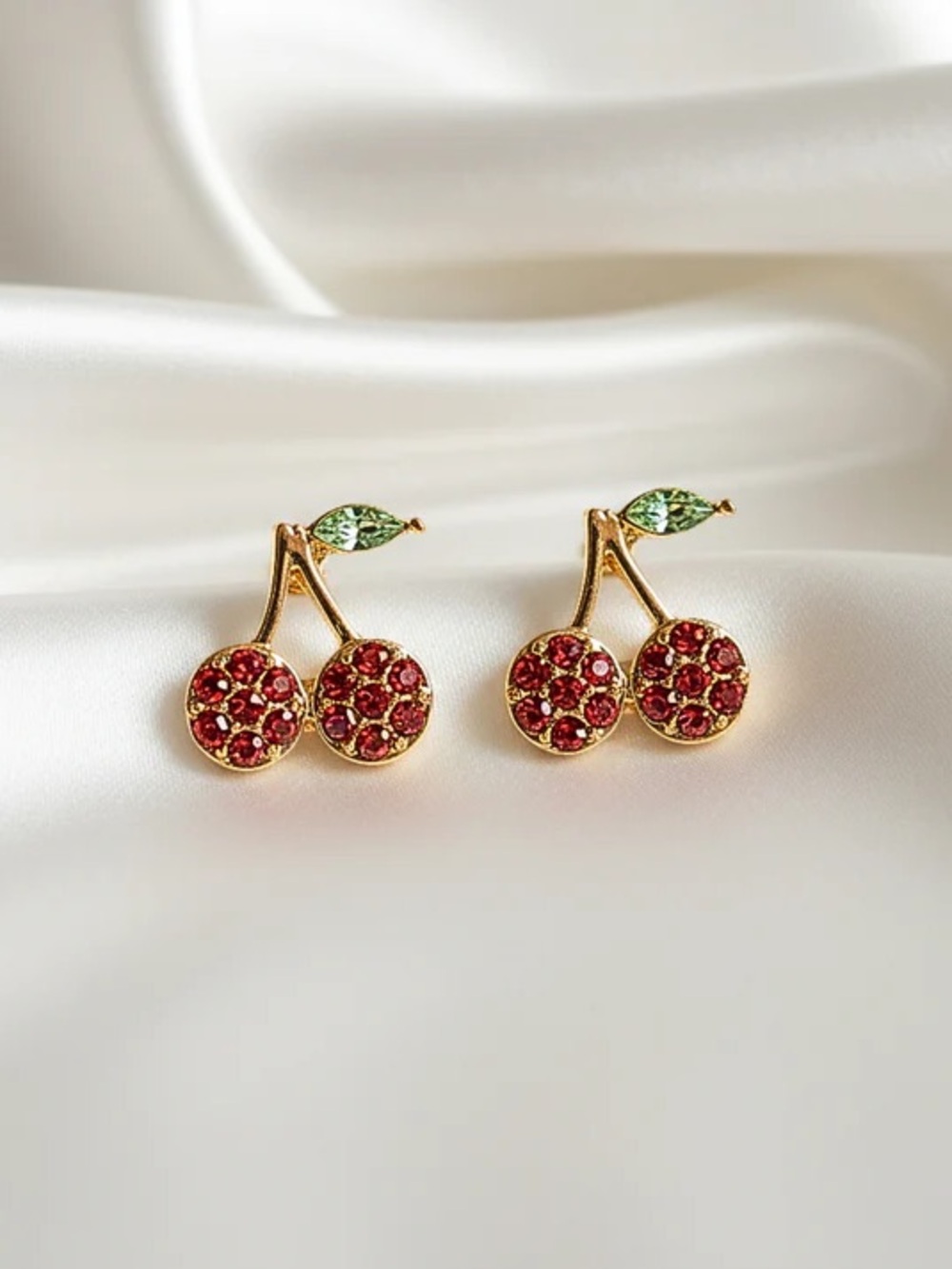 Gold Cherry Crystal Stud Earrings in Red and Green